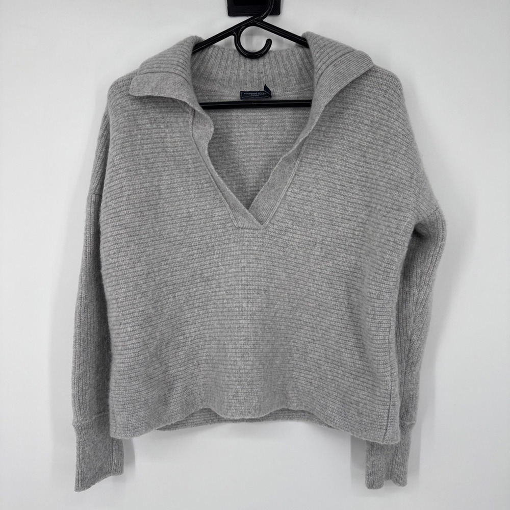Vineyard Vines 100% Cashmere Women's Sweater Johnny Collar Ribbed Gray Soft L